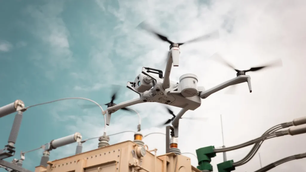 Skydio X10 drone inspecting an electrical substation Skydio X10 autonomous drone inspecting electrical substation equipment