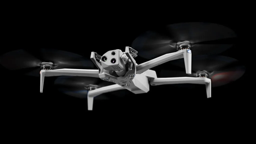 Skydio X10 enterprise drone Skydio X10 enterprise drone with multi-sensor camera payload in flight